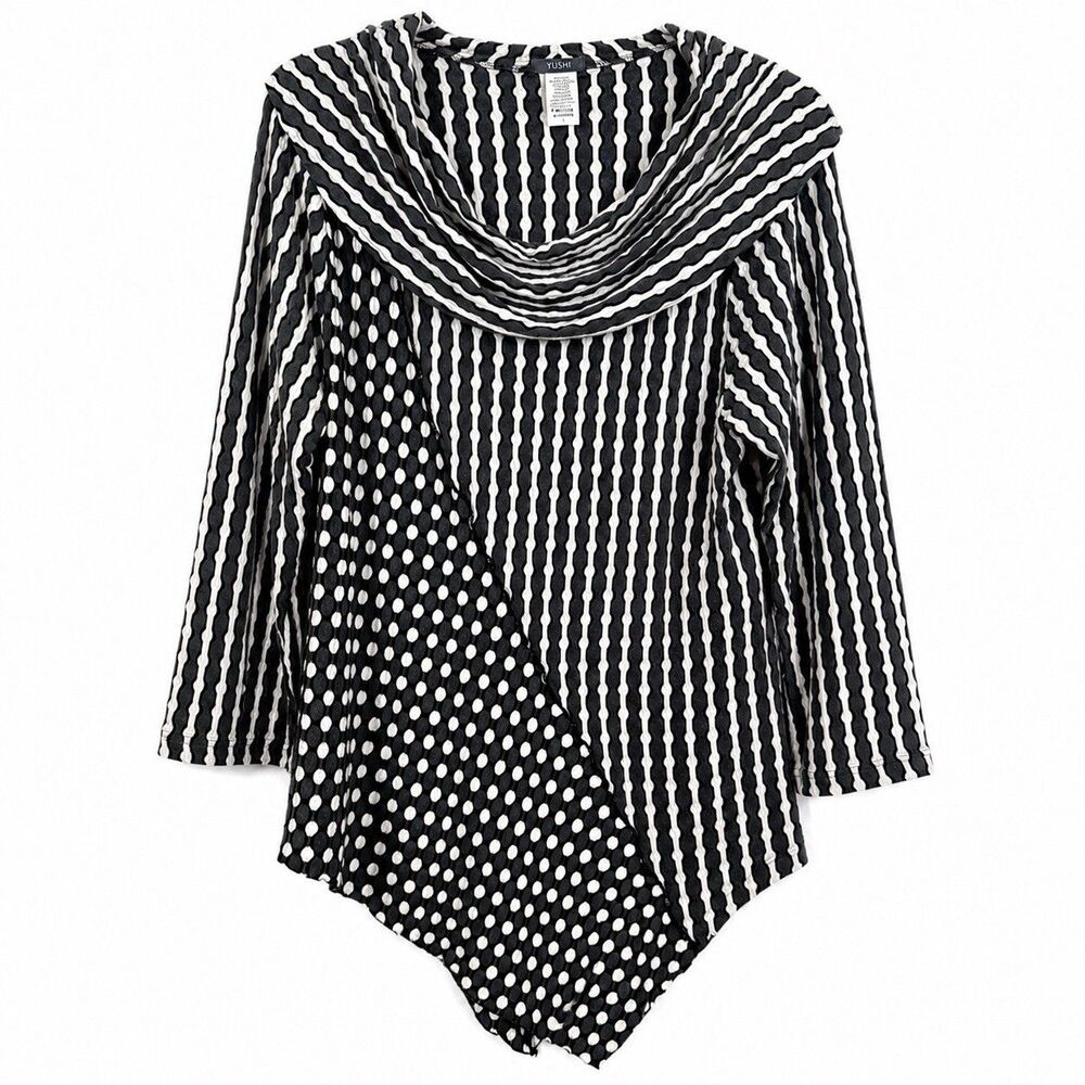 Yushi Lagenlook Tunic Top Women Large Gray Black Patchwork Cowl Neck Artsy